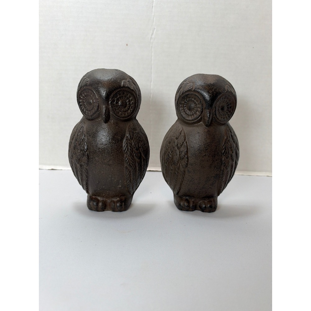 Vintage MCM Bookends Door Stop Brown Cast Iron Rustic Owl Figurine Set 7"